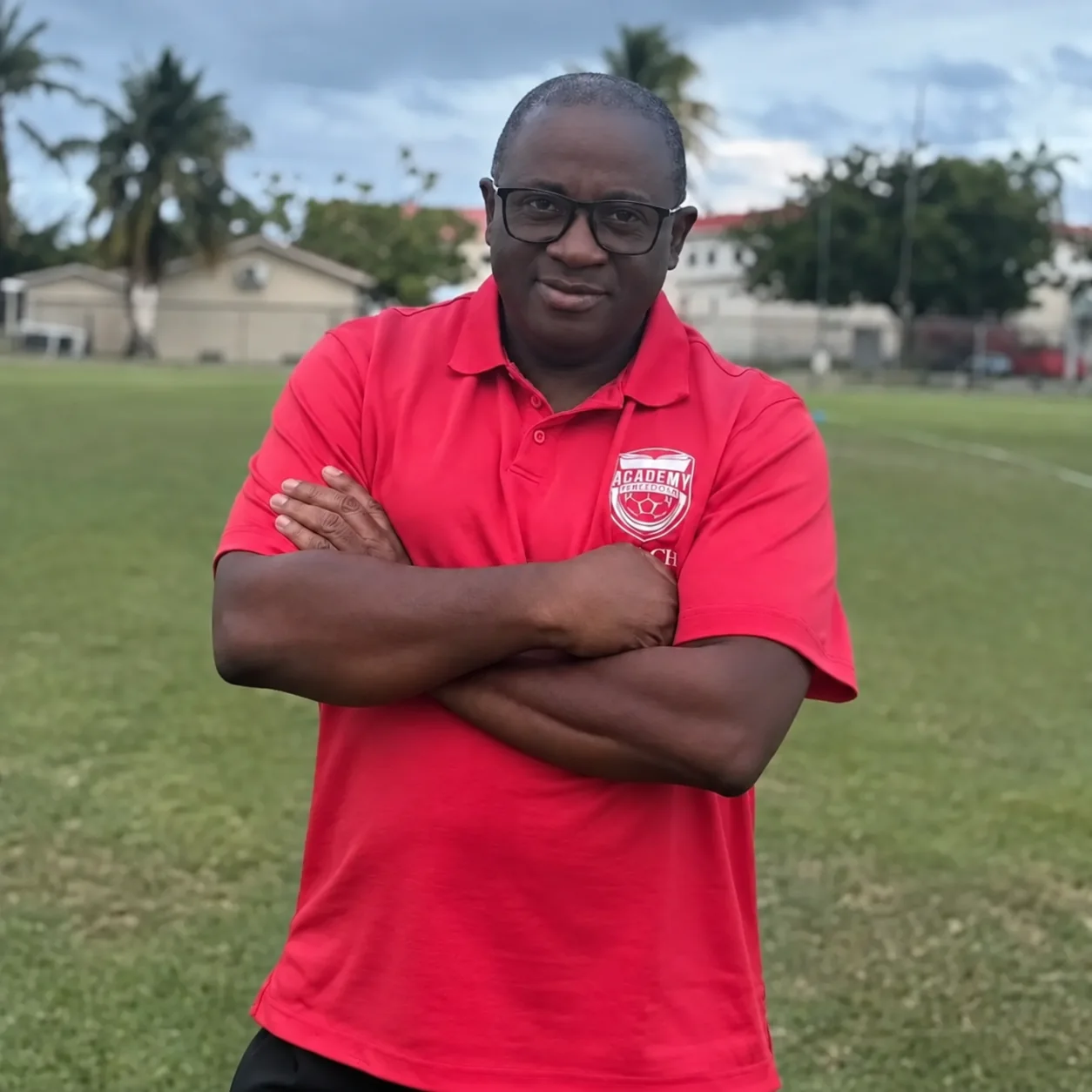 UEFA B coach and MatchDesk founder Stewart Alexander on a football pitch in his coaching shirt